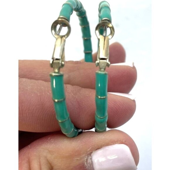 Turquoise Enamel Segmented Hoop Earrings With Omega Backs 1.75" Diameter - Picture 3 of 6
